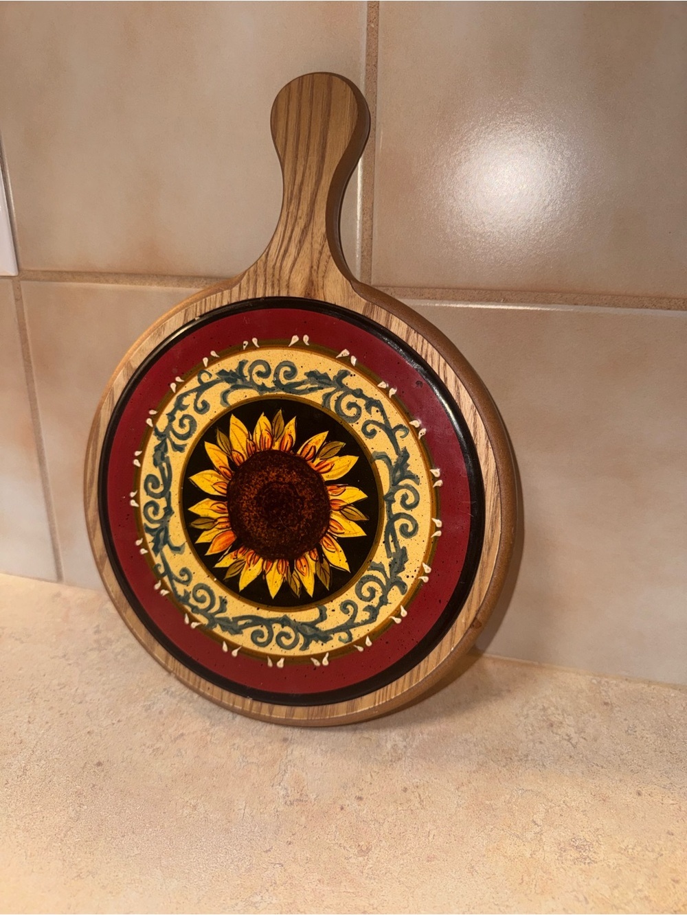 Round Wood Trivet Hot Plate Tile & Handle Sunflower 12” - Picture 3 of 5